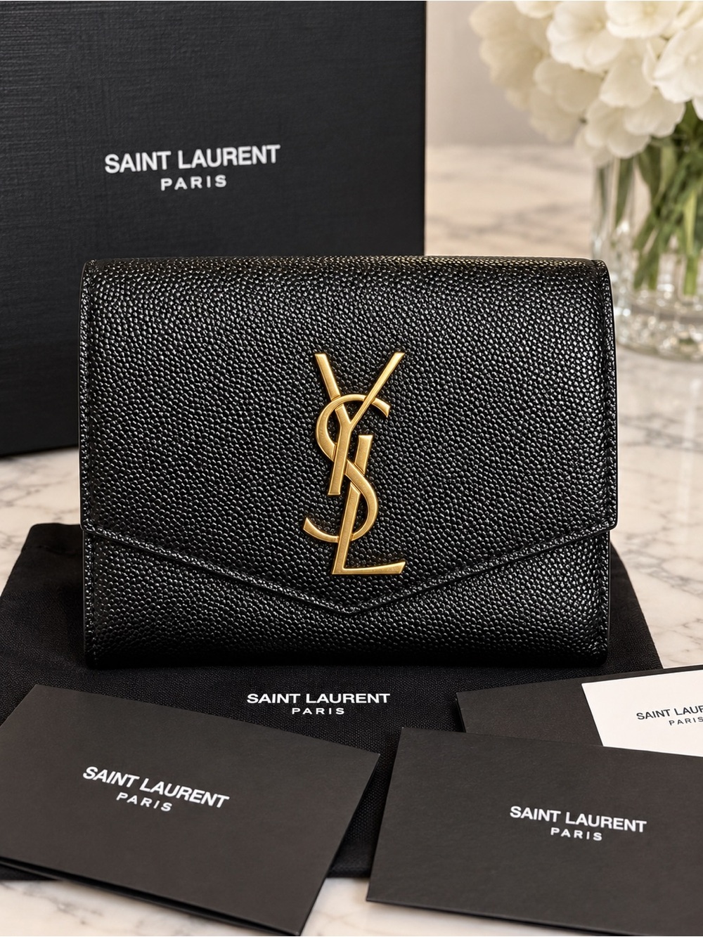 Saint Laurent Black Grain Leather YSL Logo Envelope Wallet with Gold Hardware